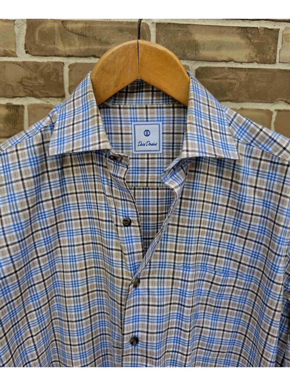 David Donahue Men's L Plaid Button Down Shirt Blue Brown 100% Cotton Long Sleeve